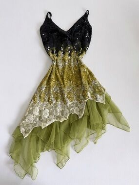 Vintage White Y2K Fairycore Green Lace Asymmetrical Dress